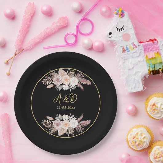 EENVOUDIGE STYLISH BOHO BLACK FLORAL WEDING PAPIEREN BORDJE (Feest)
