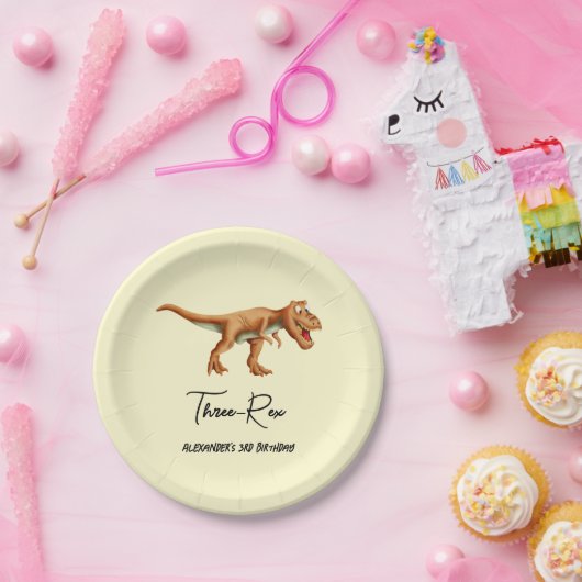 Eenvoudige T Rex Dinosaurus Derde Verjaardagsfeest Papieren Bordje (Feest)
