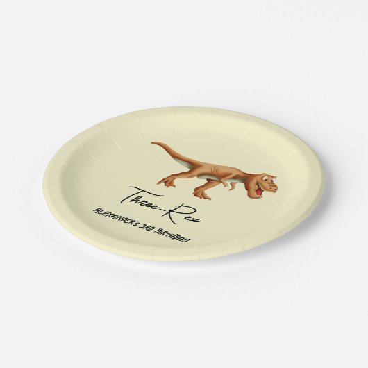 Eenvoudige T Rex Dinosaurus Derde Verjaardagsfeest Papieren Bordje (Gekanteld)