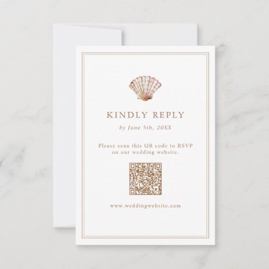 Eenvoudige Tane Schelp Strand Bruiloft QR Code RSVP Kaartje (Voorkant)