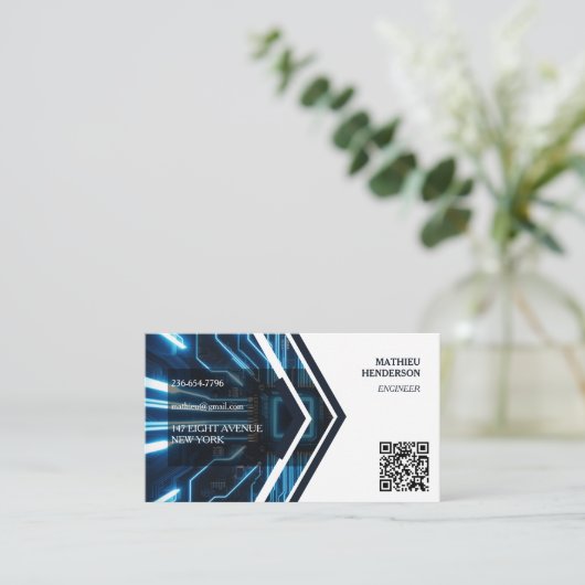 Eenvoudige Tech Engineer Elegante QR-code Visitekaartje (Staand voorkant)