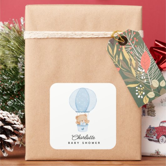 Eenvoudige teddybeer blauwe ballon vierkante sticker (Feestdagen)