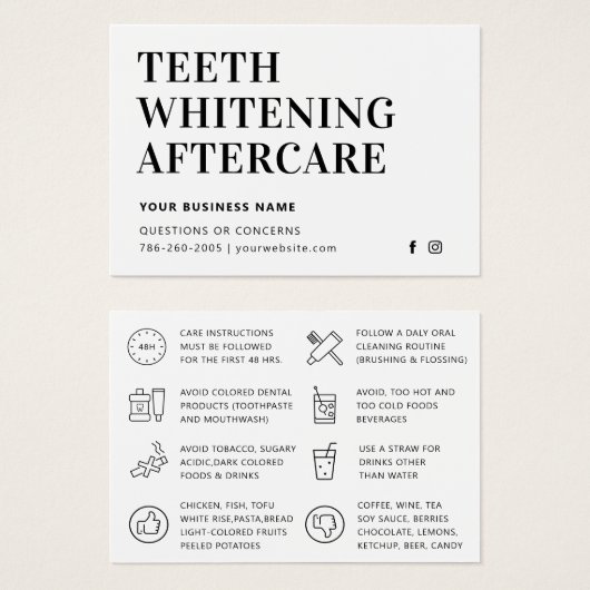 Eenvoudige teeth Whitening Aftercare Kaart (Voorkant /achterkant)