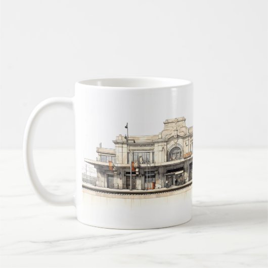 Eenvoudige tekening van een retro treinstation koffiemok (Links)