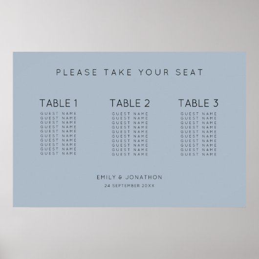 Eenvoudige tekst 30 gasten 3 tafels Blauwe Zitkaar Poster (Voorkant)
