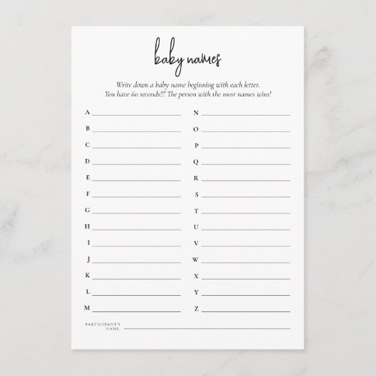 Eenvoudige tekst Baby Namen Douche Game Kaart (Voorkant)