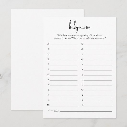 Eenvoudige tekst Baby Namen Douche Game Kaart (Voorkant / Achterkant)