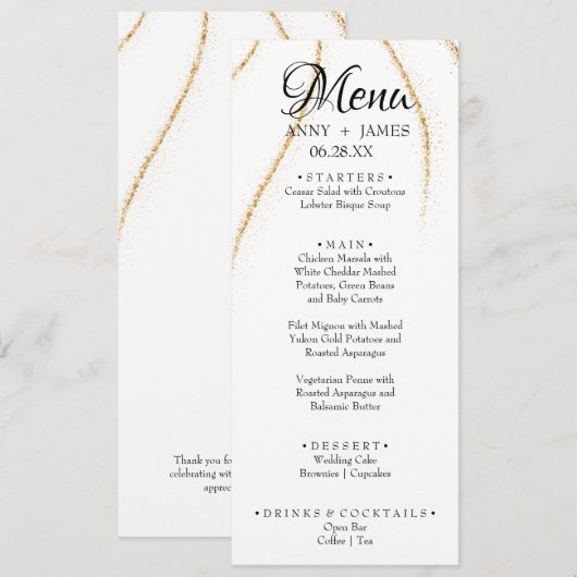 Eenvoudige tekst Gold Glitter Weddenschap Menu (Voorkant / Achterkant)