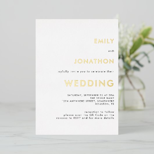 Eenvoudige Tekst QR-code Trouw Wit Goud Echt Folie Uitnodiging (Staand Voorkant)