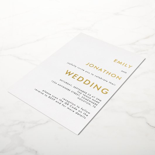 Eenvoudige Tekst QR-code Trouw Wit Goud Echt Folie Uitnodiging (Gedraaid)