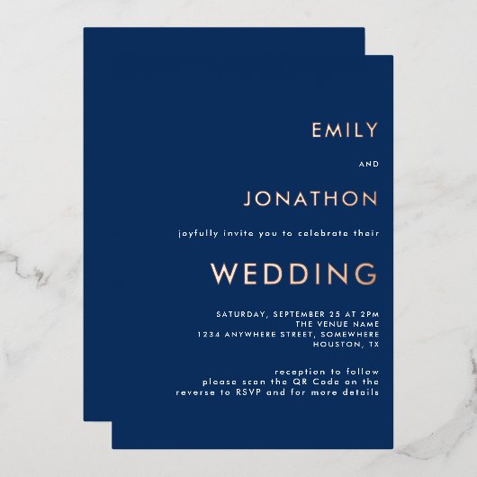 Eenvoudige tekst QR Code Weddenschap Roos Gold Rea Folie Uitnodiging (Voorkant / Achterkant)