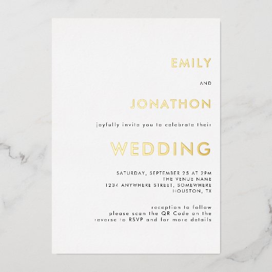 Eenvoudige tekst QR Code Weddenschap White Gold Re Folie Uitnodiging (Voorkant)