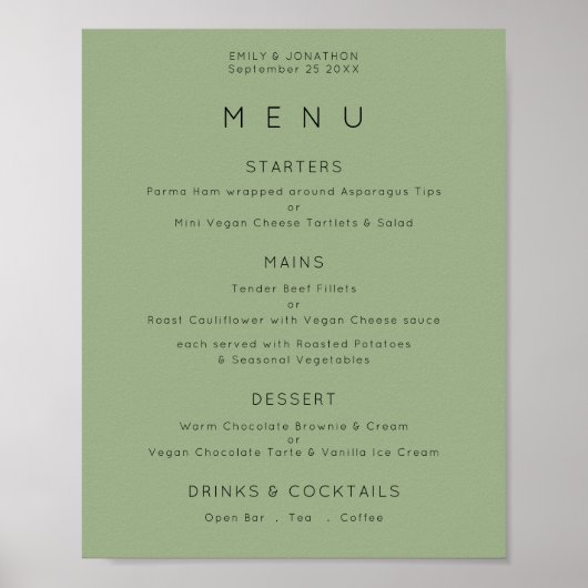 Eenvoudige tekst saliegroen trouwmenu poster (Voorkant)