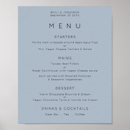 Eenvoudige tekst stoffig blauwe trouwmenu poster