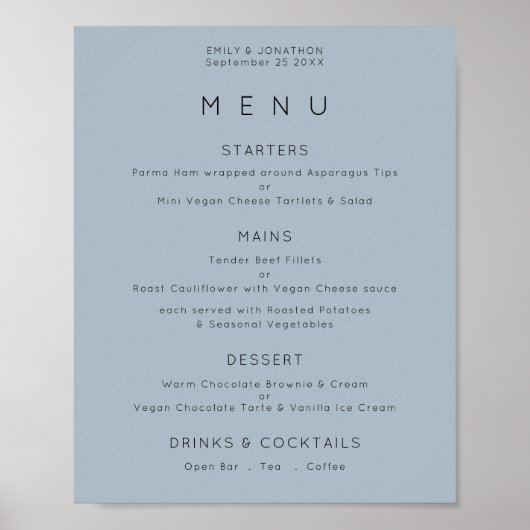 Eenvoudige tekst stoffig blauwe trouwmenu poster (Voorkant)