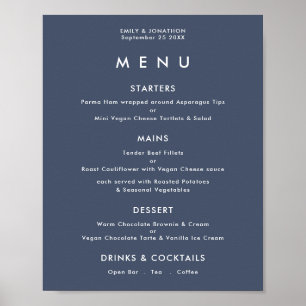 Eenvoudige tekst stoffig marineblauw trouwmenu poster