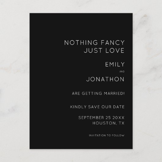 Eenvoudige tekst Zwart Bruiloft Bewaar de datum Aankondigingskaart (Voorkant)