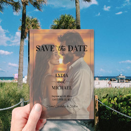 Eenvoudige tekstoverlay foto save the date acryl uitnodigingen