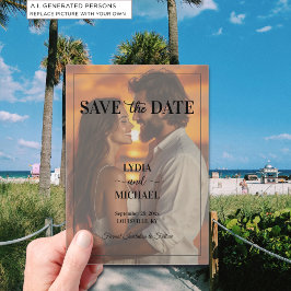 Eenvoudige tekstoverlay foto save the date acryl uitnodigingen