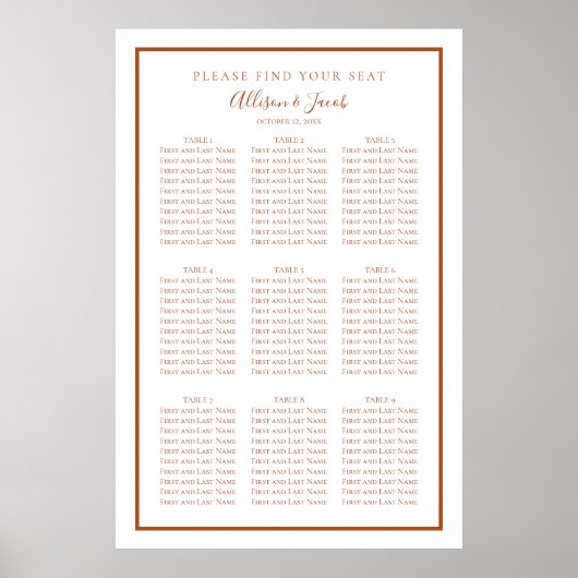 Eenvoudige Terra Cotta en White Wedding Seating Ch Poster (Voorkant)