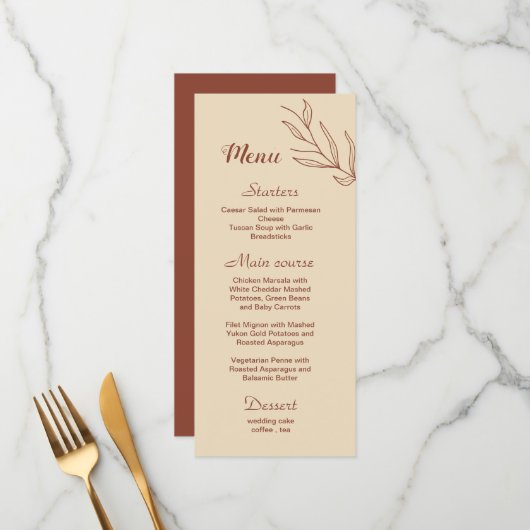 Eenvoudige terracotta bloemenbruiloft menu (Voorkant / Achterkant in situ)
