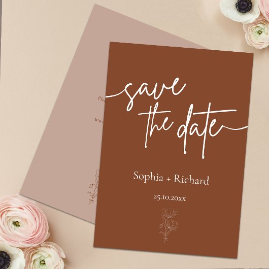Eenvoudige Terracotta Boho Bloemen Opslaan en Datu Save The Date