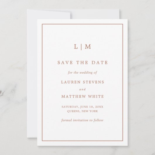 Eenvoudige Terracotta Monogram Elegante Trouw Save The Date (Voorkant)