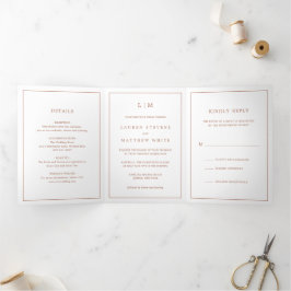 Eenvoudige Terracotta Monogram Elegante Trouwdag Drieluik Uitnodiging
