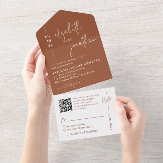 Eenvoudige Terracotta QR Code Classy Script bruilo All In One Uitnodiging (Afscheurbaar)