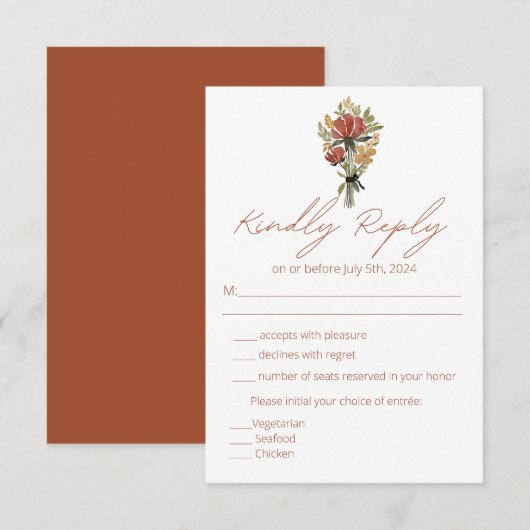 Eenvoudige Terracotta Wilde Bloem Menu Keuze RSVP (Voorkant / Achterkant)