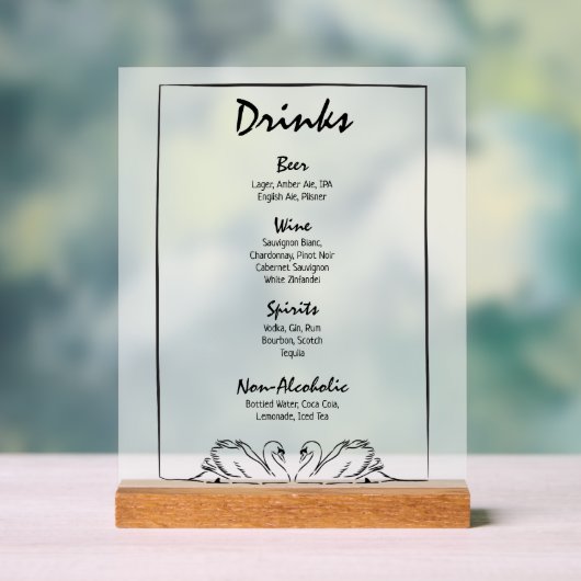 Eenvoudige tijdloze chique zwaan bar Drinken Menu  Acryl Bord (Neutraal)