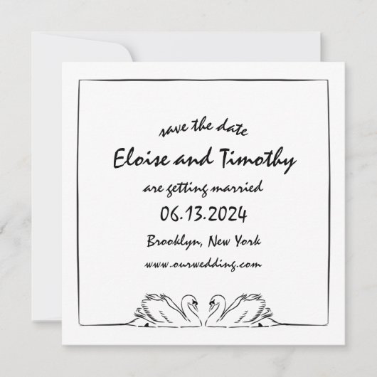 Eenvoudige Tijdloze Handgeschreven Elegante Zwanen Save The Date (Voorkant)