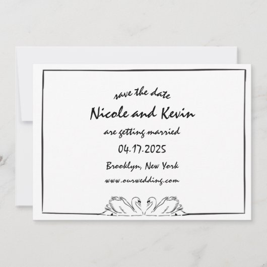 Eenvoudige tijdloze handgeschreven zwaan illustrat save the date (Voorkant)