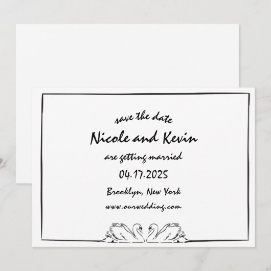 Eenvoudige tijdloze handgeschreven zwaan illustrat save the date (Voorkant / Achterkant)
