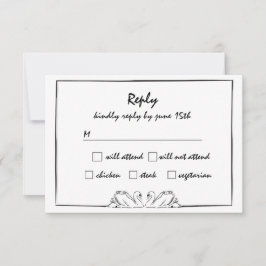 Eenvoudige tijdloze handgeschreven zwaan tekening RSVP kaartje