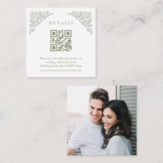 Eenvoudige Tijdloze Sage Groene Foto Wedding Detai Informatiekaartje (Voorkant / Achterkant)