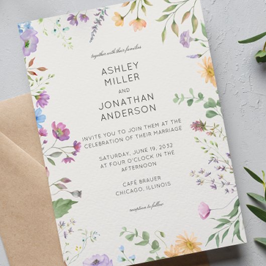 Eenvoudige, tijdloze Wildflower Alabaster bruiloft Kaart