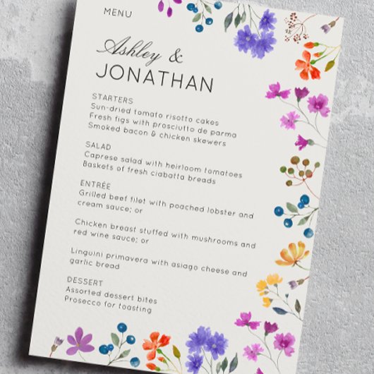 Eenvoudige, tijdloze Wildflower Alabaster bruiloft Menu