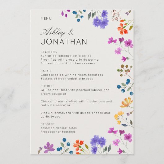 Eenvoudige, tijdloze Wildflower Alabaster bruiloft Menu (Voorkant)