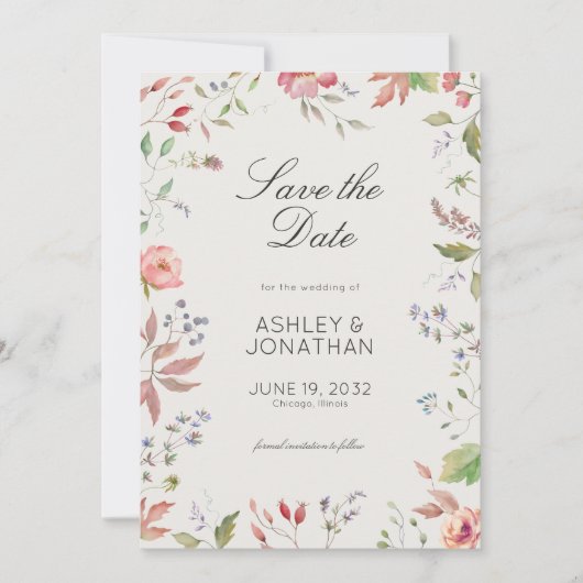 Eenvoudige, tijdloze Wildflower Alabaster bruiloft Save The Date (Voorkant)