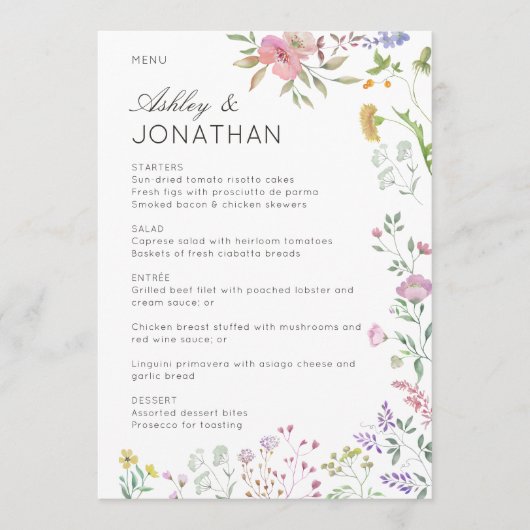 Eenvoudige, tijdloze Wildflower bruiloft Menu (Voorkant)