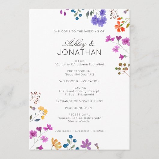 Eenvoudige, tijdloze Wildflower bruiloft Programmakaart (Voorkant)