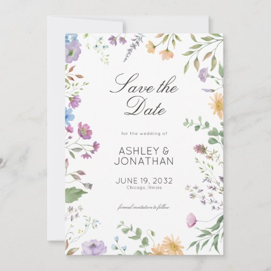 Eenvoudige, tijdloze Wildflower bruiloft Save The Date (Voorkant)