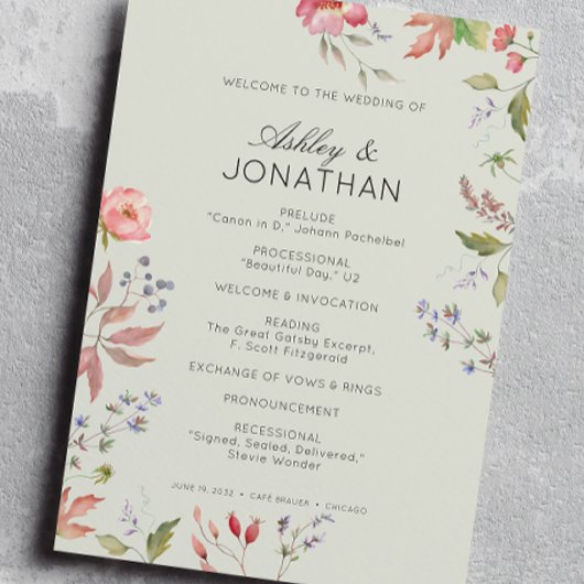 Eenvoudige, tijdloze Wildflower Sage Green Wedding Programmakaart