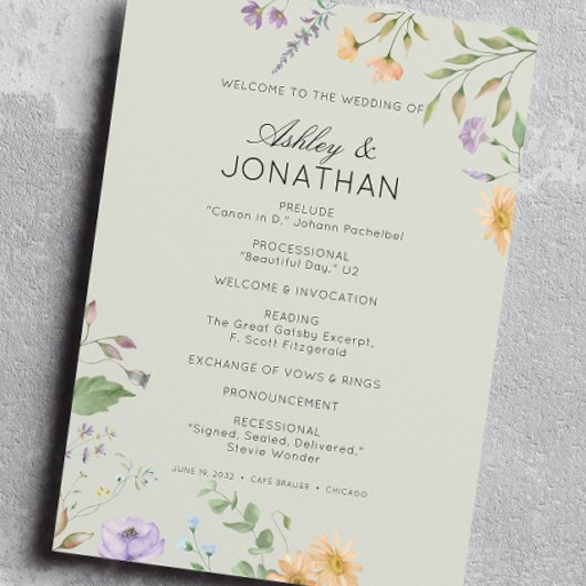 Eenvoudige, tijdloze Wildflower Sage Green Wedding Programmakaart
