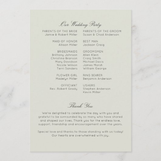 Eenvoudige, tijdloze Wildflower Sage Green Wedding Programmakaart (Achterkant)