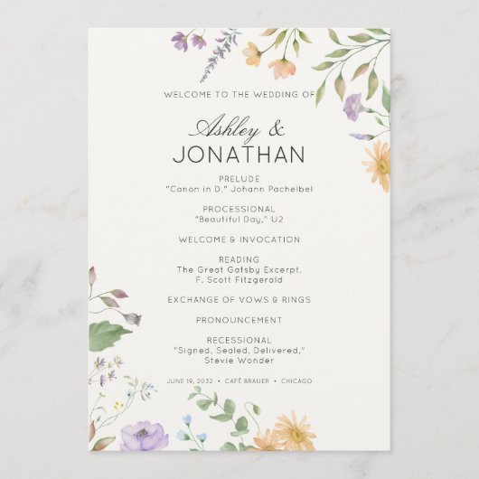 Eenvoudige, tijdloze Wildflower Soft White Wedding Programmakaart (Voorkant)