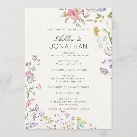 Eenvoudige, tijdloze Wildflower Soft White Wedding Programmakaart (Voorkant)