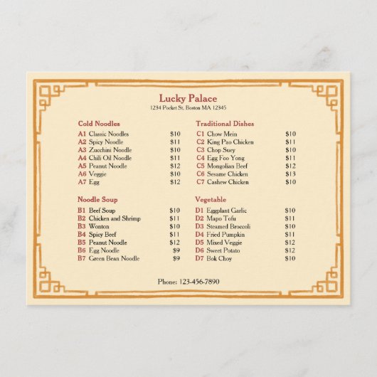 Eenvoudige traditionele Chinese restaurant plat me Menu (Voorkant)