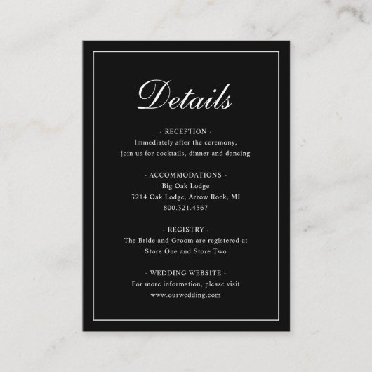 Eenvoudige, traditionele elegante zwarte bruiloft informatiekaartje (Voorkant)